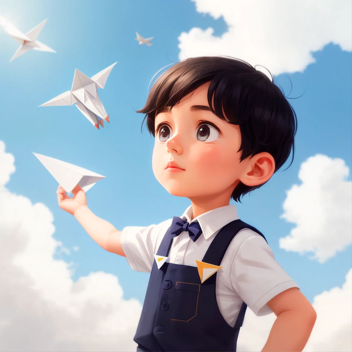 خالد's paper airplane flying high in the sky