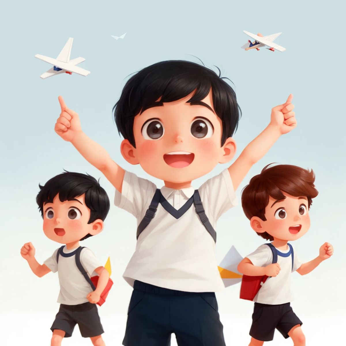 خالد's friends cheering him on as his paper airplane flies