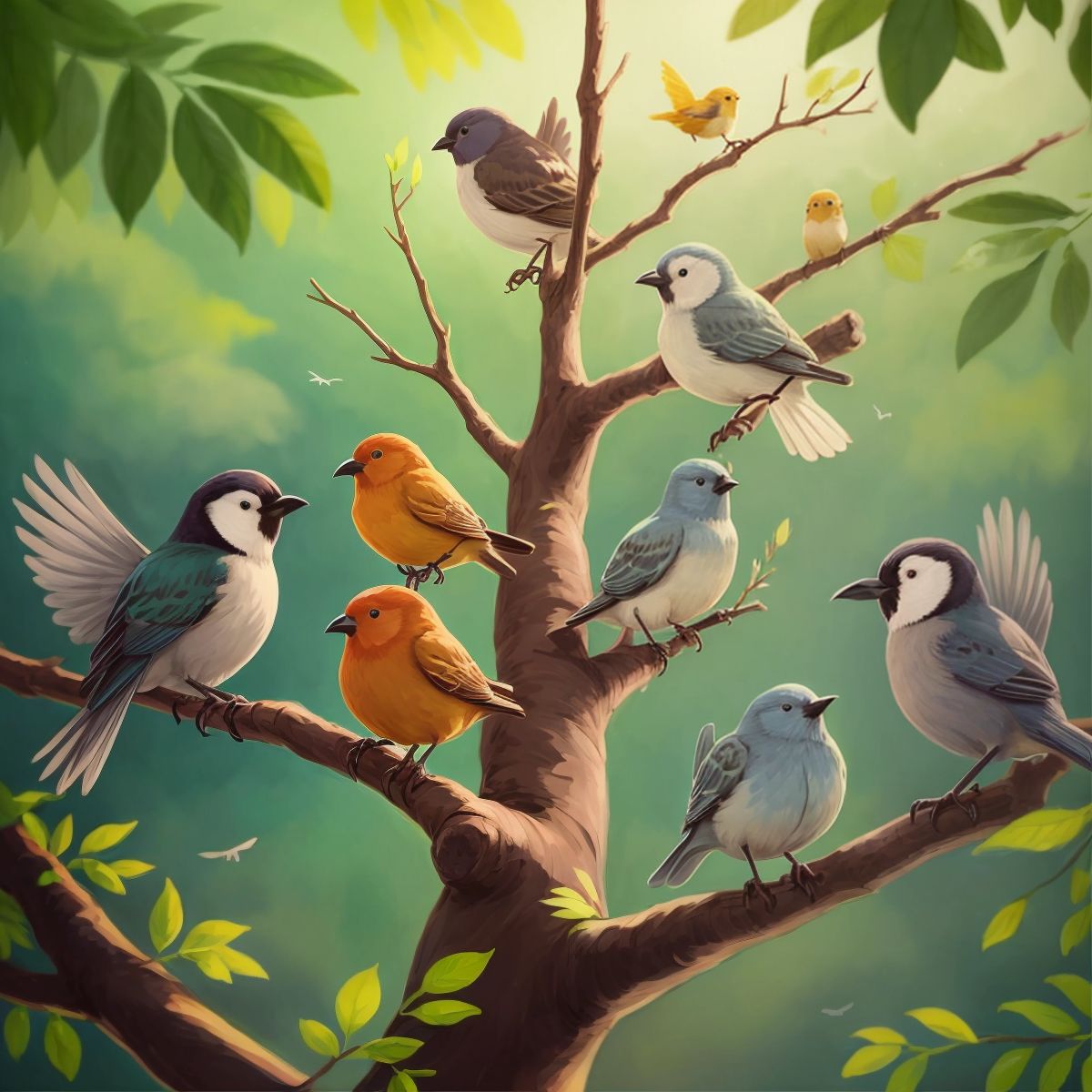 A group of birds gathering on tree branches