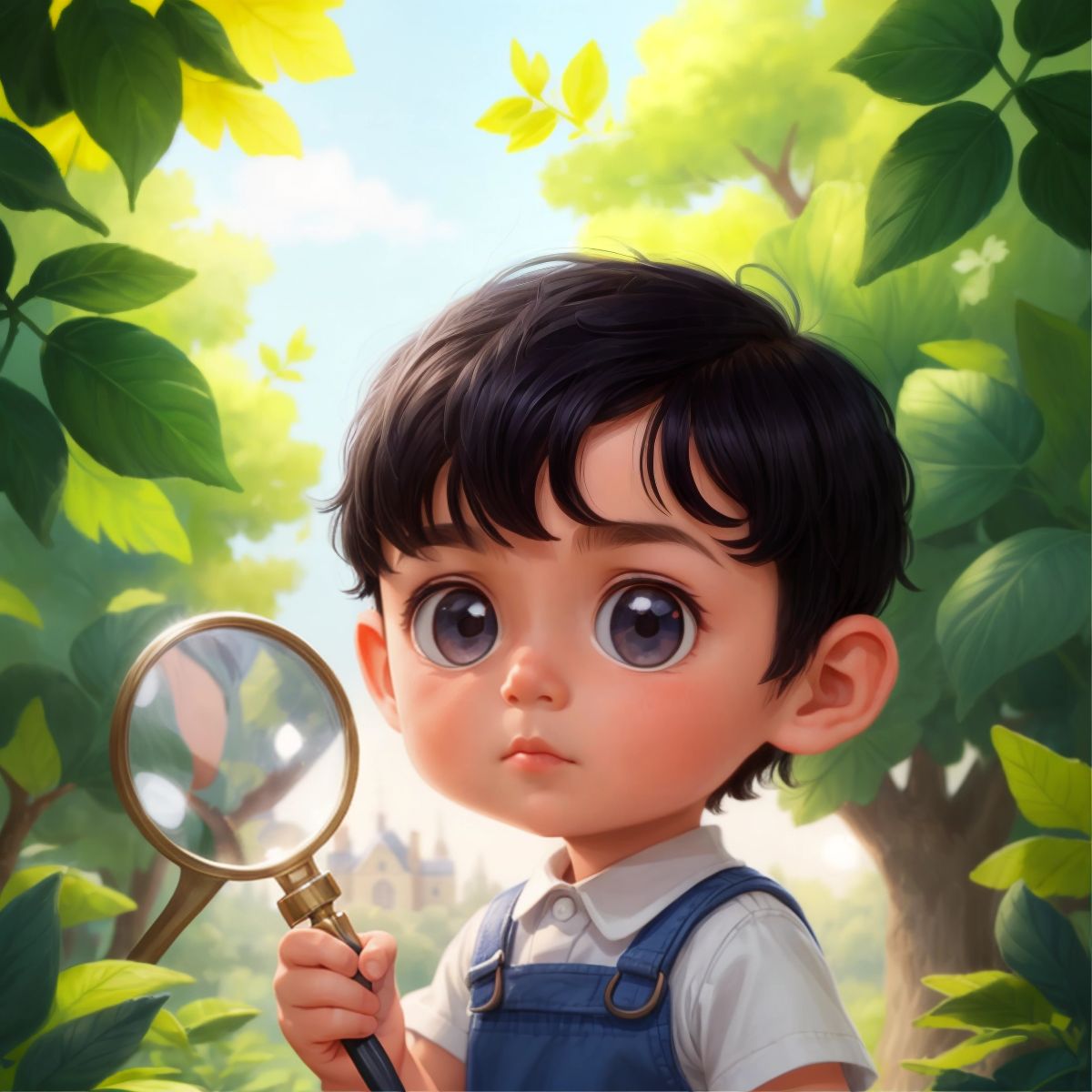 Mar with short black hair, holding a magnifying glass, looking curious