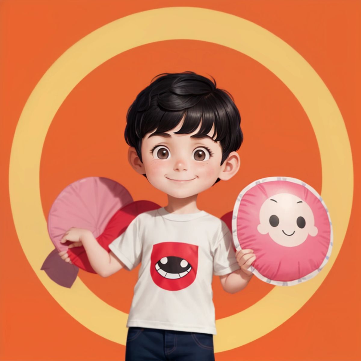 May with short black hair and a mischievous grin, holding a whoopee cushion