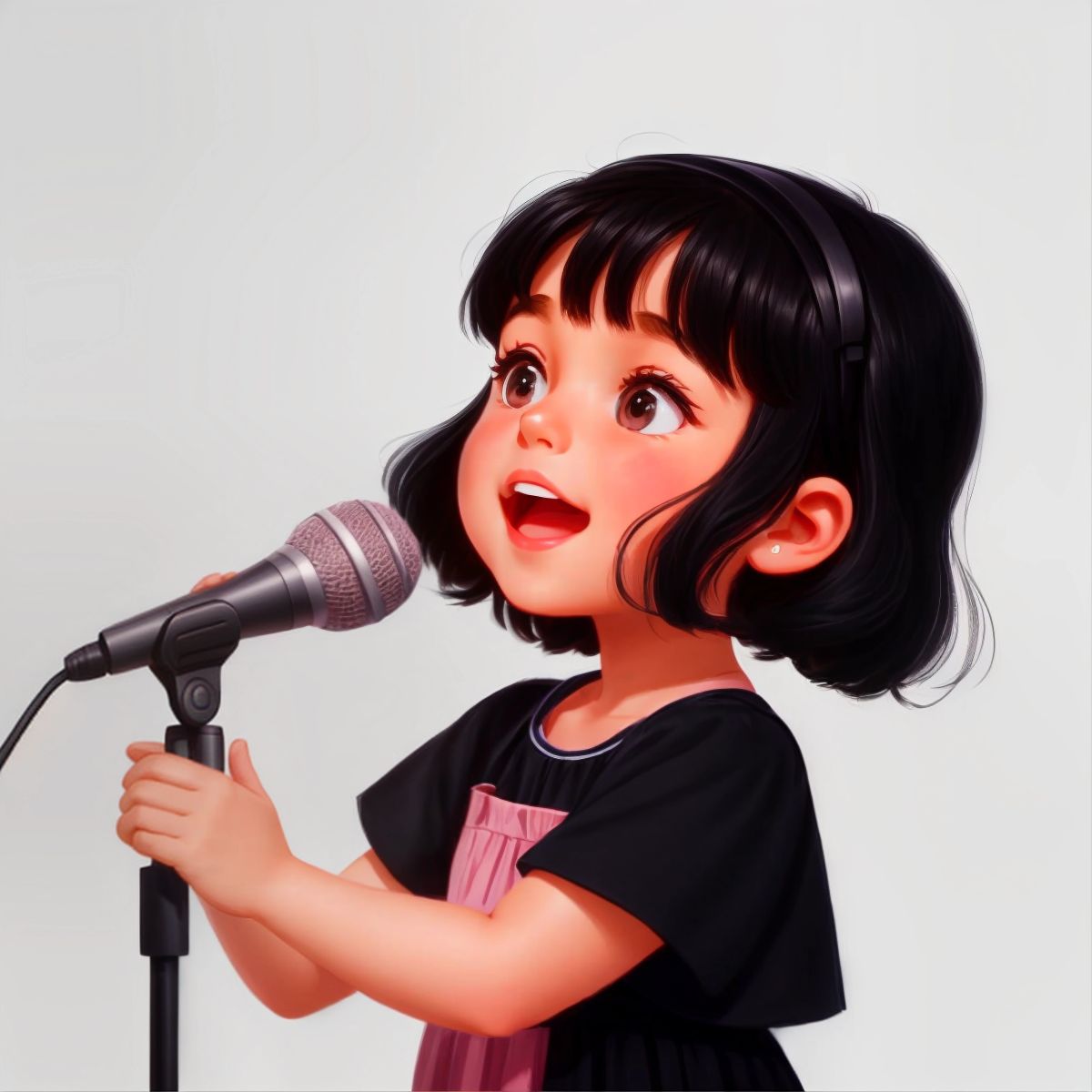 Aug with medium black hair, singing into a microphone