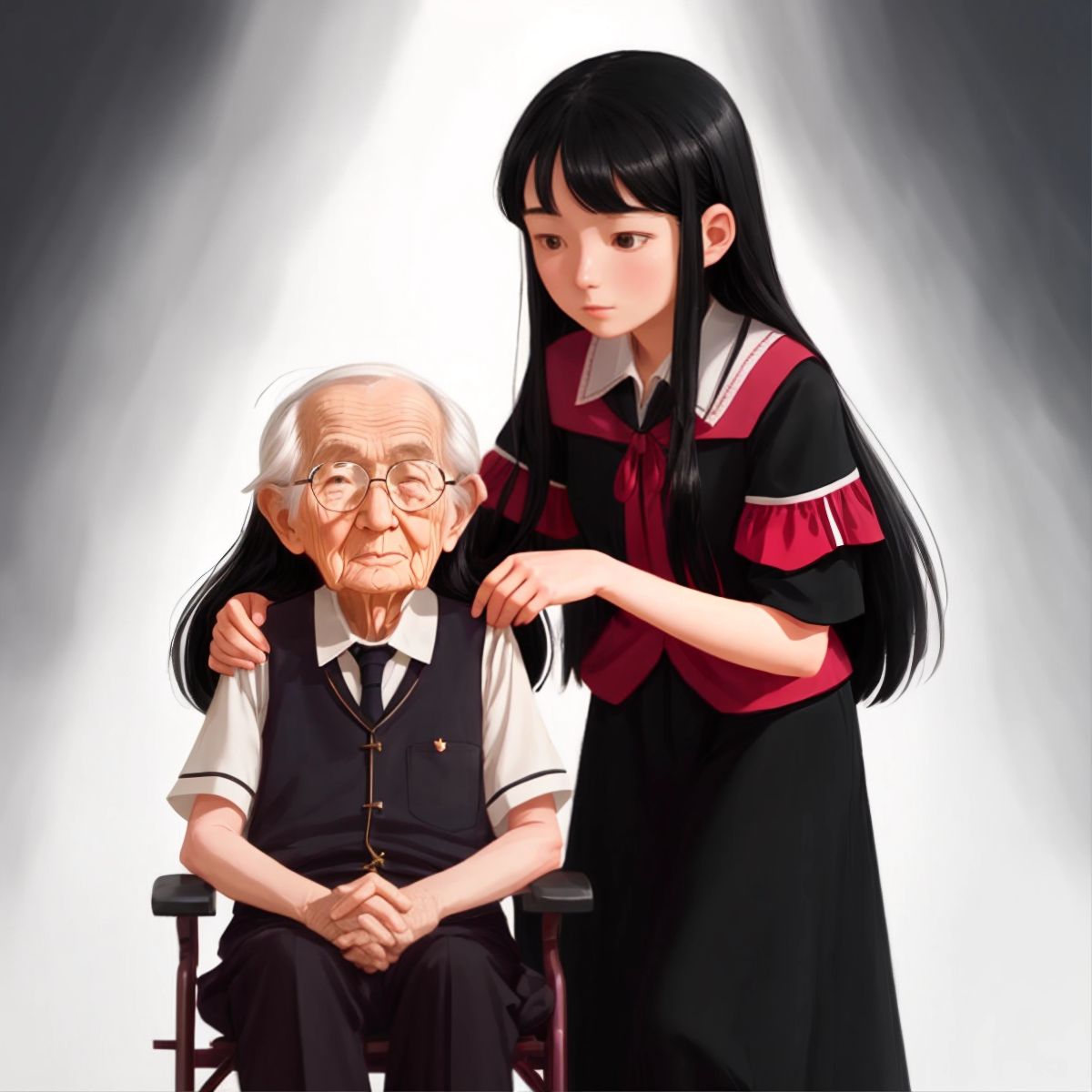 Apr with long, flowing black hair, helping an elderly person