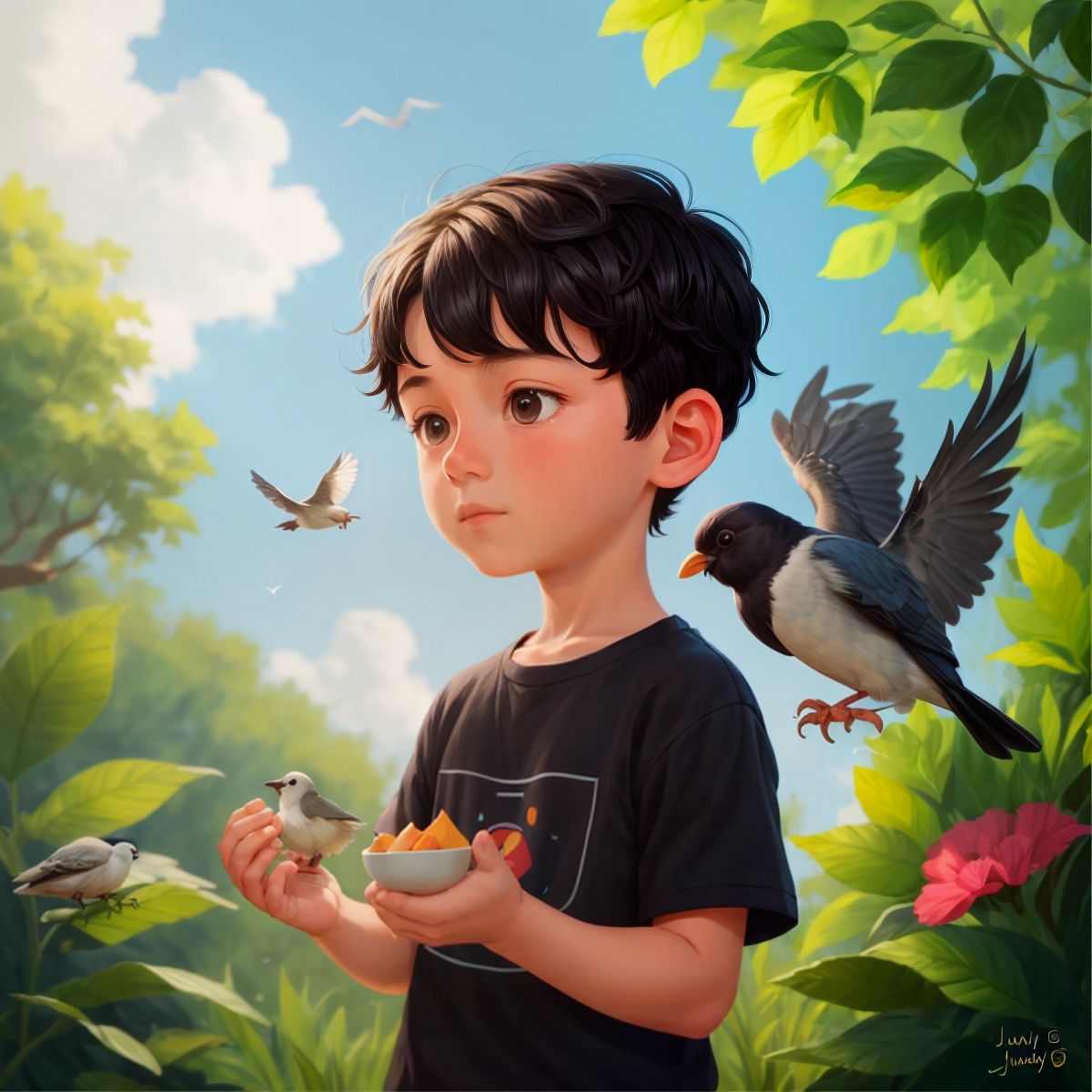 July with short black hair, feeding a bird in his hand