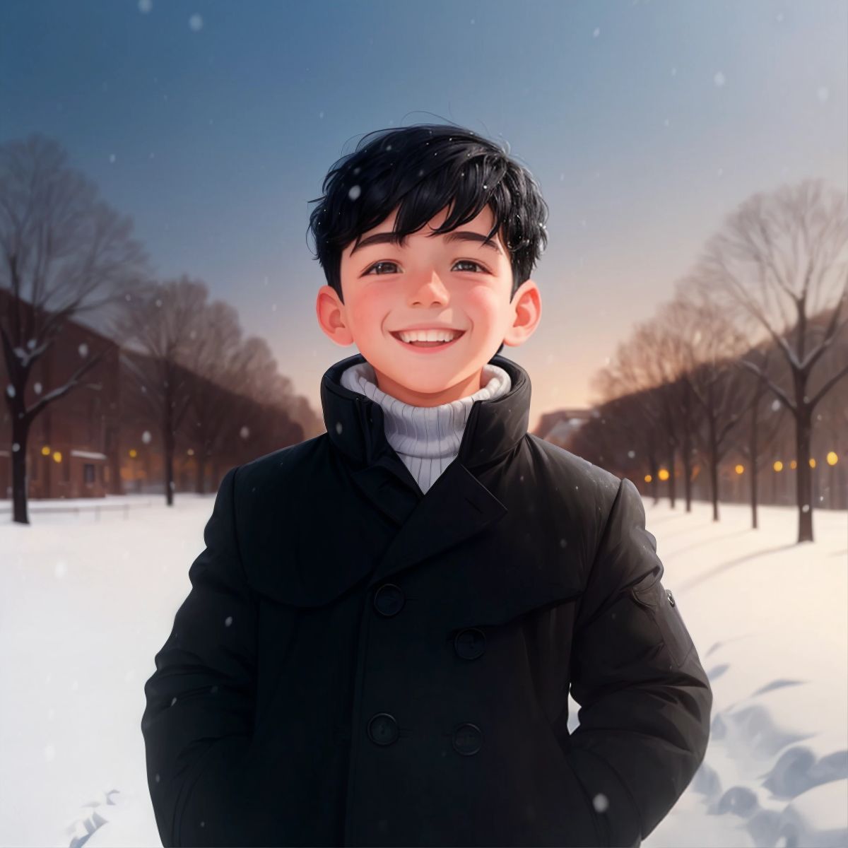 Jan with short black hair and a bright smile standing in a snowy landscape