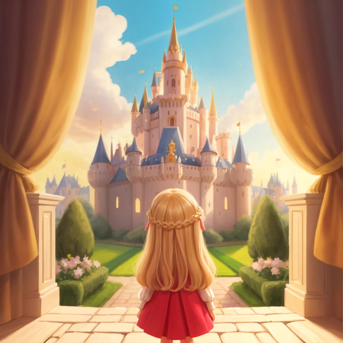 Hannah imagining herself as a princess in a grand castle