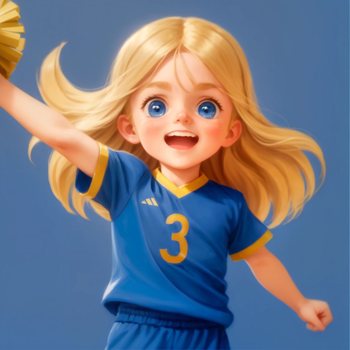 Little brother Lev with big blue eyes and long blonde hair, cheering