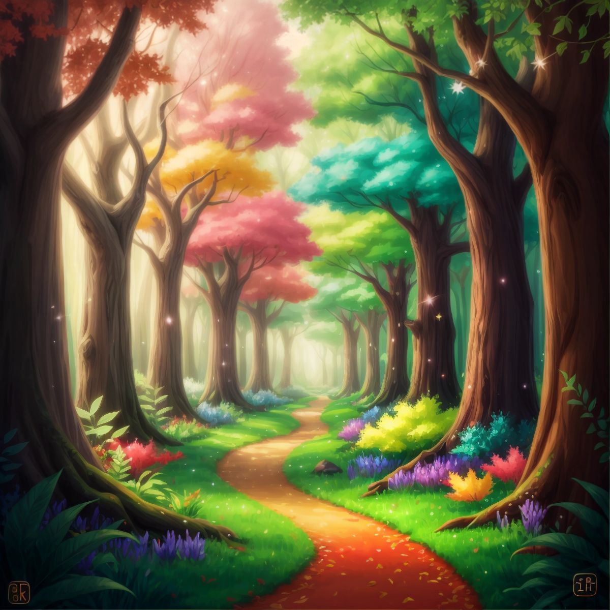 Enchanted forest with tall, colorful trees and sparkling leaves