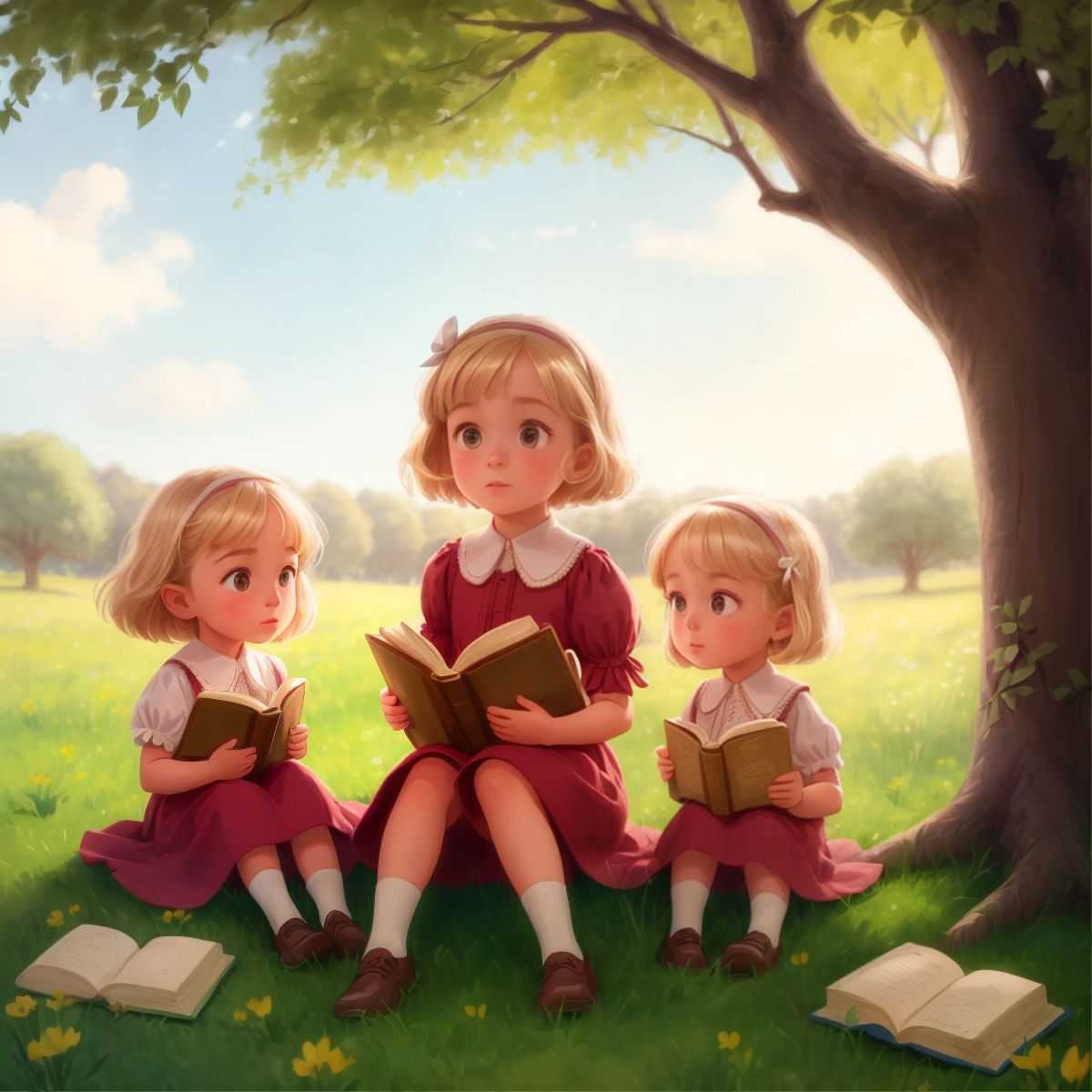 Lilly, Ella, and Myla looking at a dusty old book under a tree