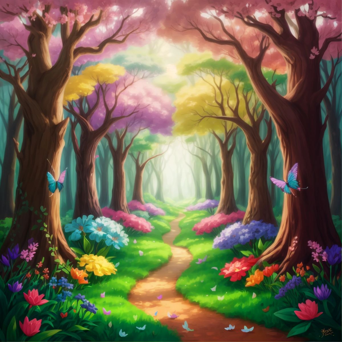 Enchanted forest blooming with vibrant colors and enchanting melodies