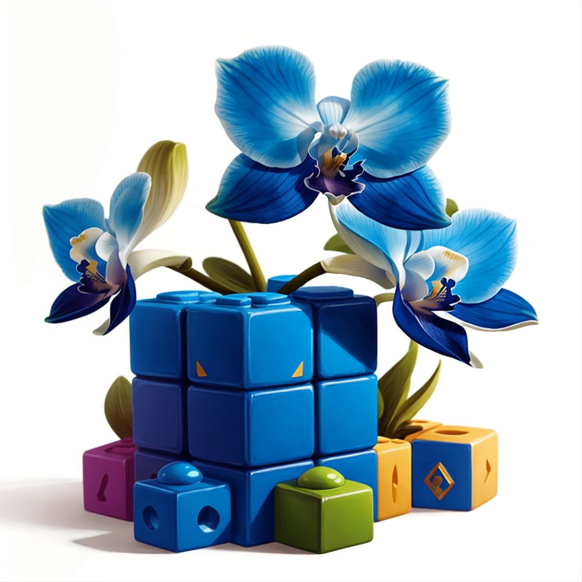 A blue orchid building block flower with a wise expression