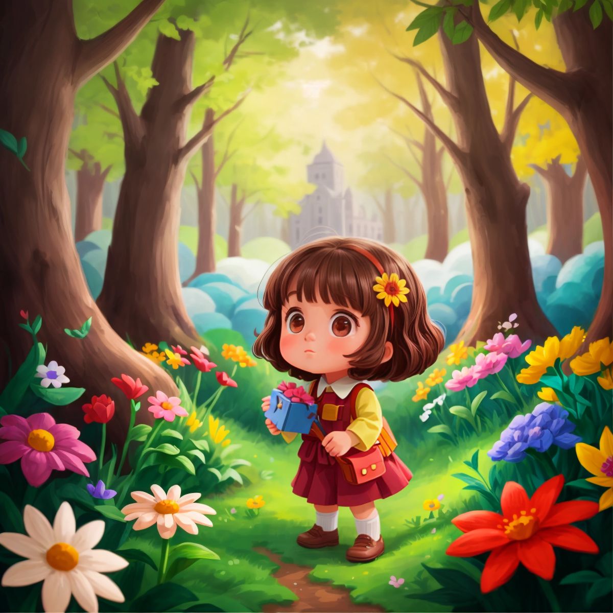 Amy in the woods looking at a flower made of building blocks