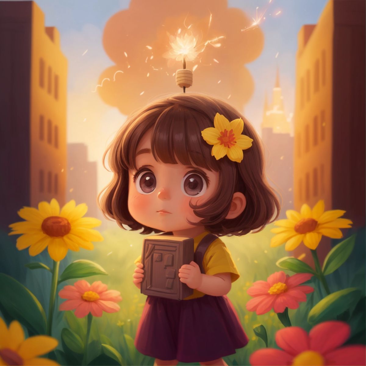 Amy with a spark of idea on her face, holding a building block flower