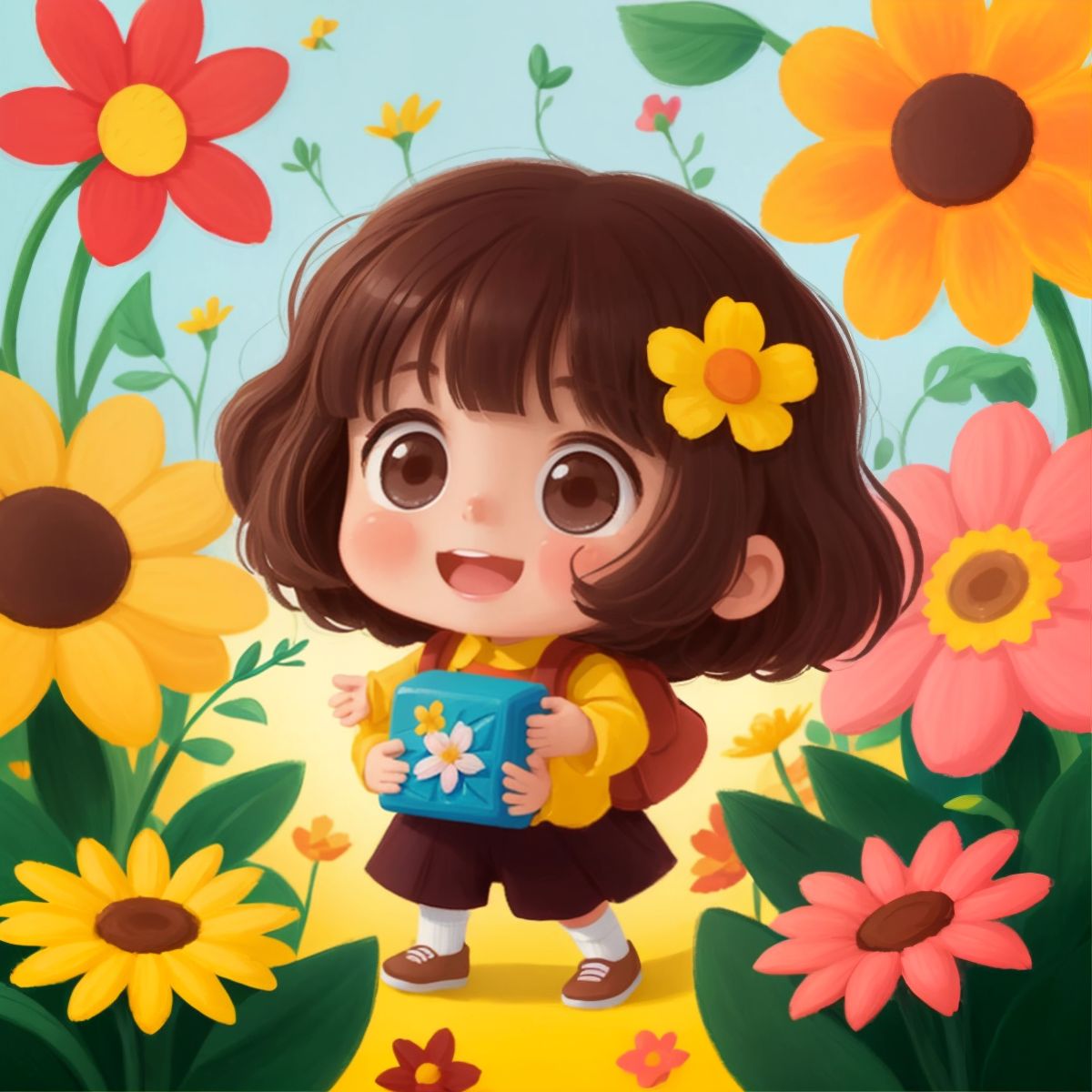 Amy surrounded by happy and lively building block flowers
