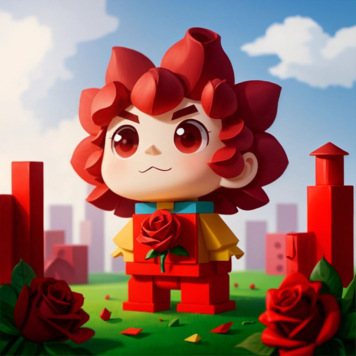 A red rose building block flower standing tall and brave