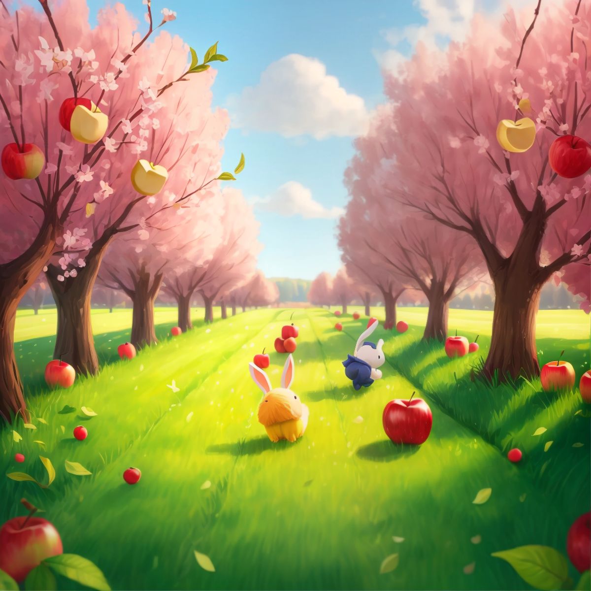 A grassy orchard with apple trees and a finish line suggesting a race