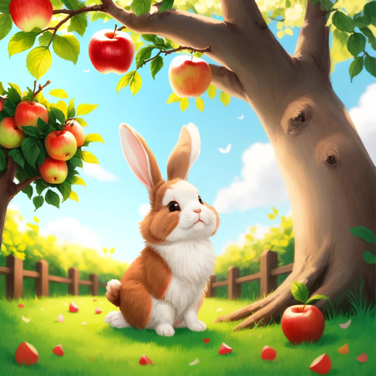 A curious bunny named Benny with soft, fluffy fur hopping near an apple tree