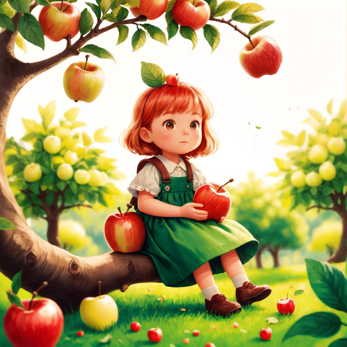 Abby apple sitting on a branch of the apple tree, as if sharing stories with other apples