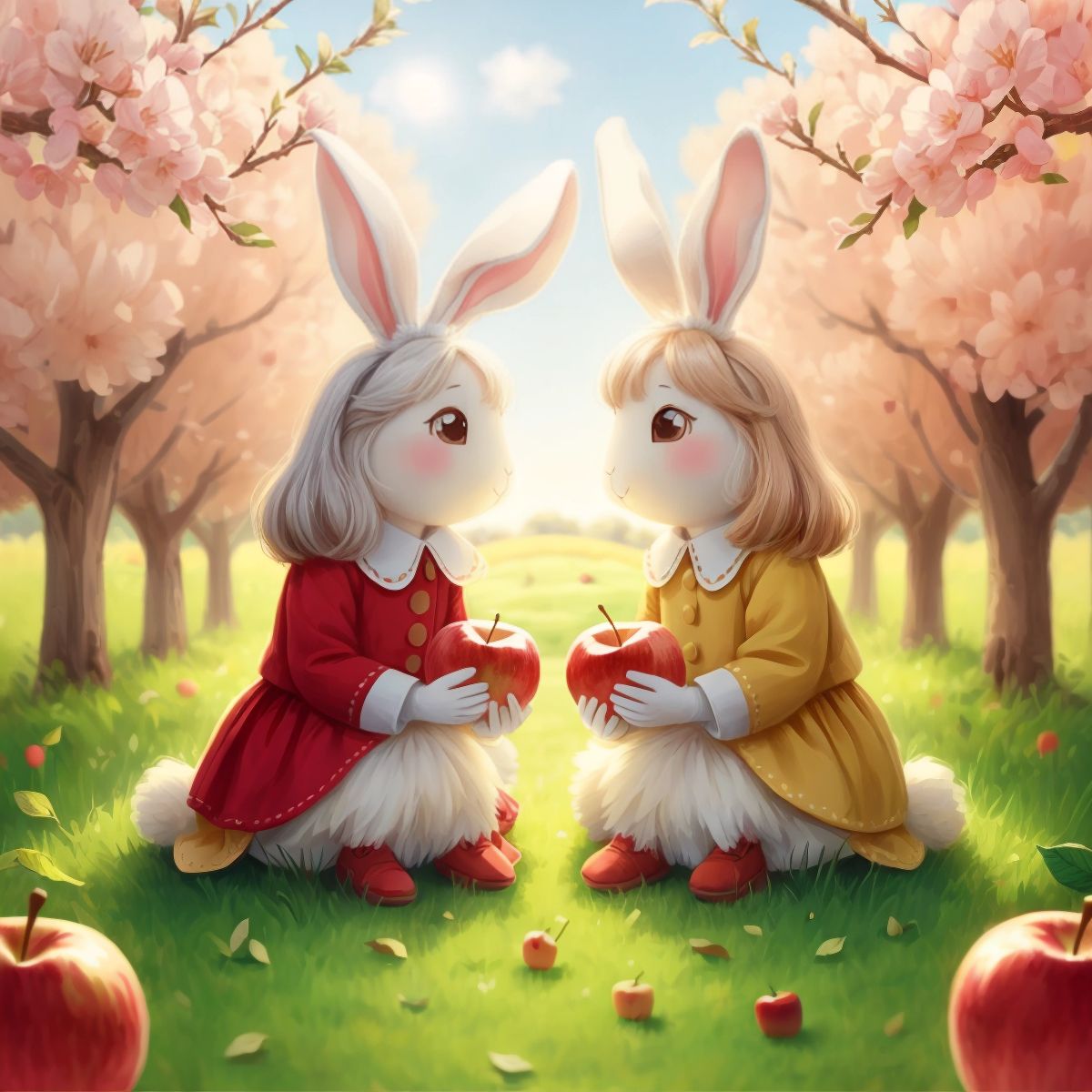 A mature apple and bunny sitting together, symbolizing their enduring friendship