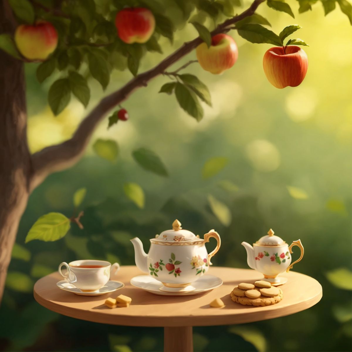 A tiny teacup filled with apple tea with apple-shaped cookies nearby