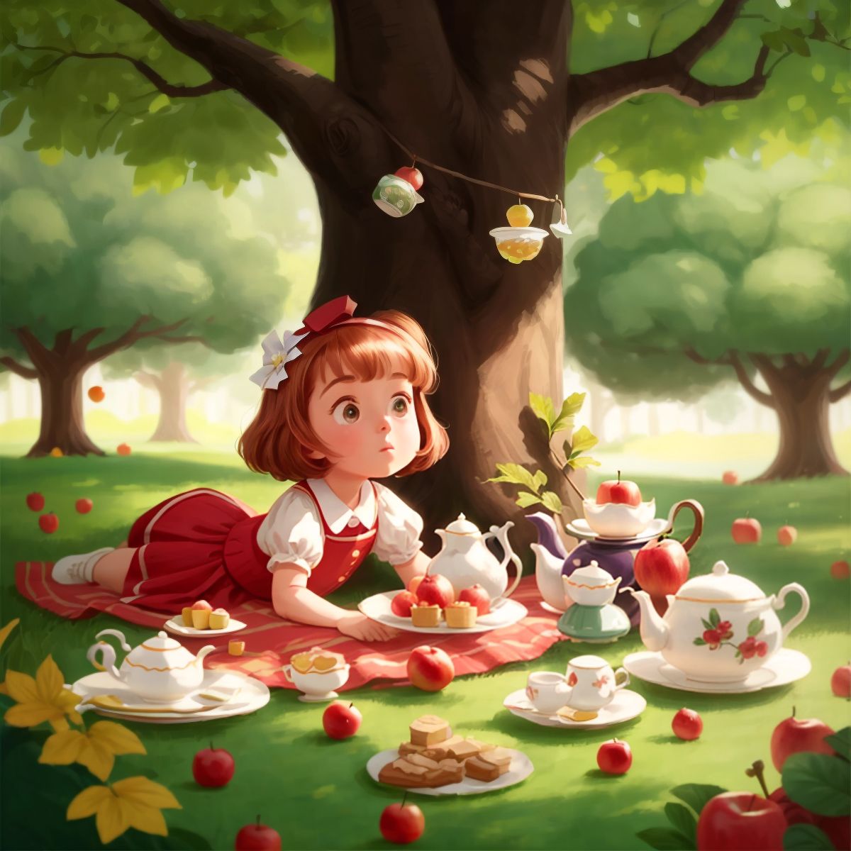 Abby apple laying on the ground next to a small table with tiny teacups and plates filled with treats