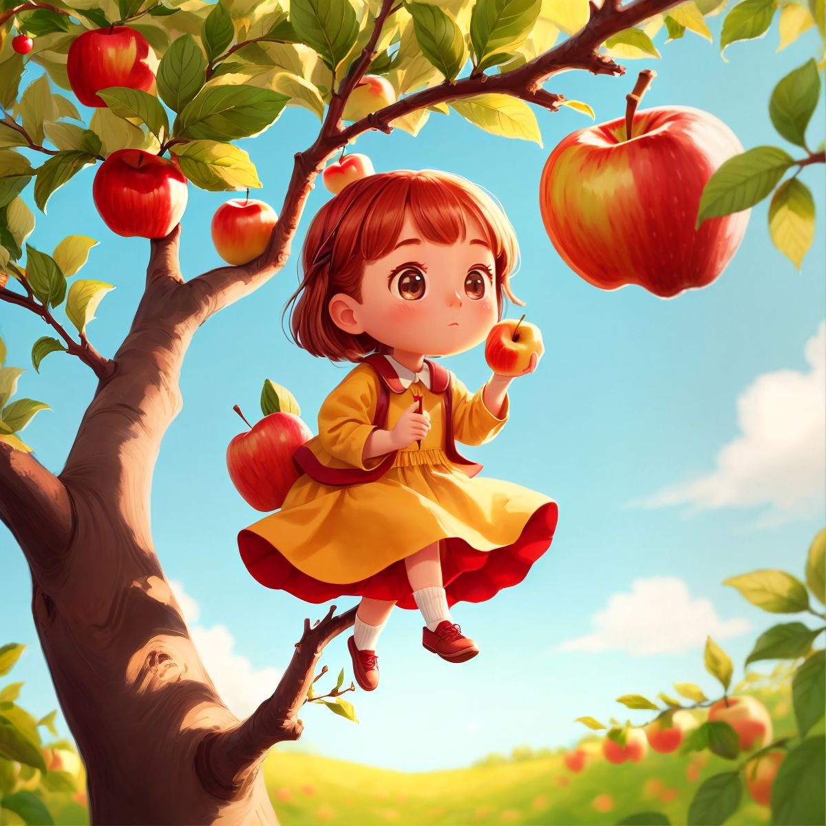 A single apple named Abby hanging on a branch in a sunny orchard