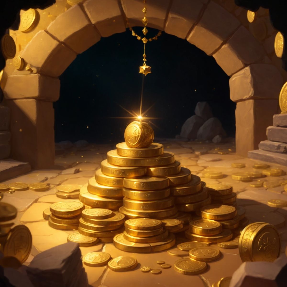 A pile of golden coins, sparkling jewels, and ancient artifacts