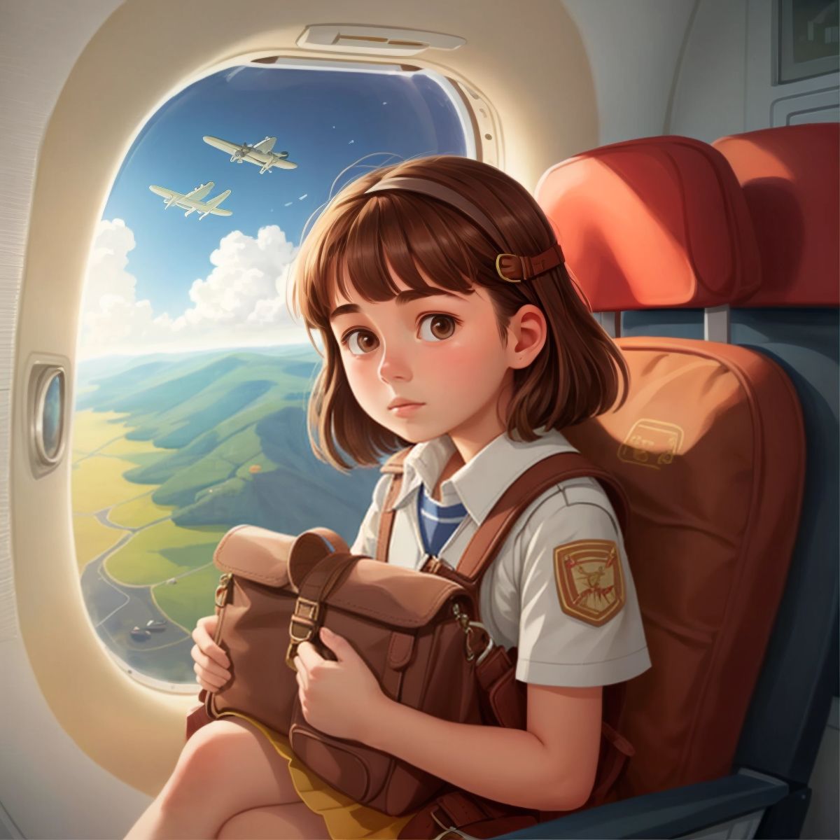 Leyla sitting in an airplane, looking out of the window with a bag of artifacts