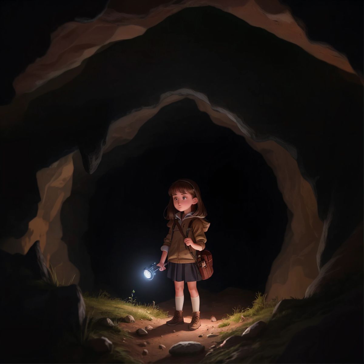 Leyla standing at the entrance of a dark cave with a flashlight in her hand