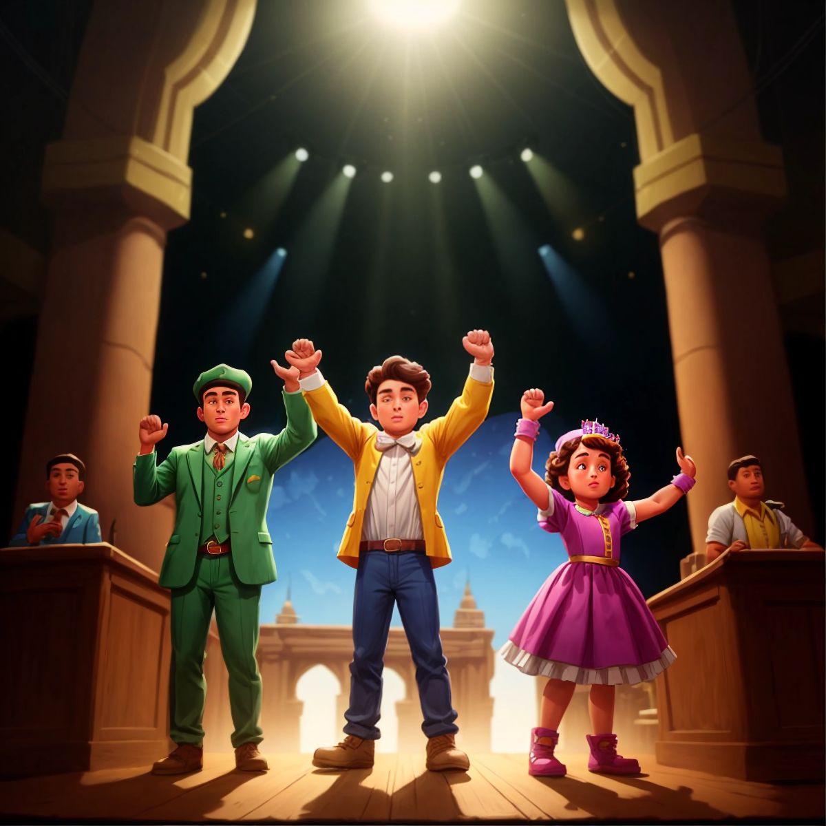 Tyrone, Rex-a-Rilla, and Cyrus standing on a stage, being applauded by the citizens of Baloney City