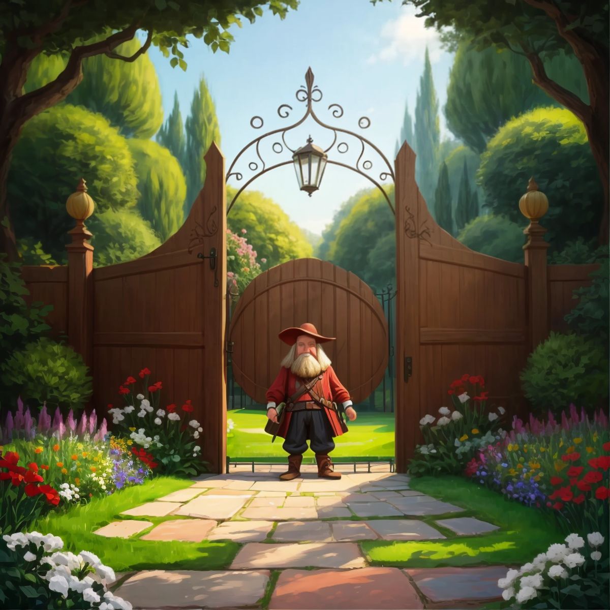 A giant standing in front of an open garden gate