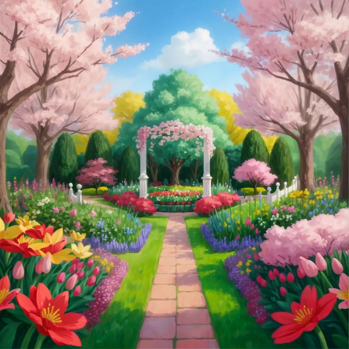 Blooming trees and vibrant flowers in a garden