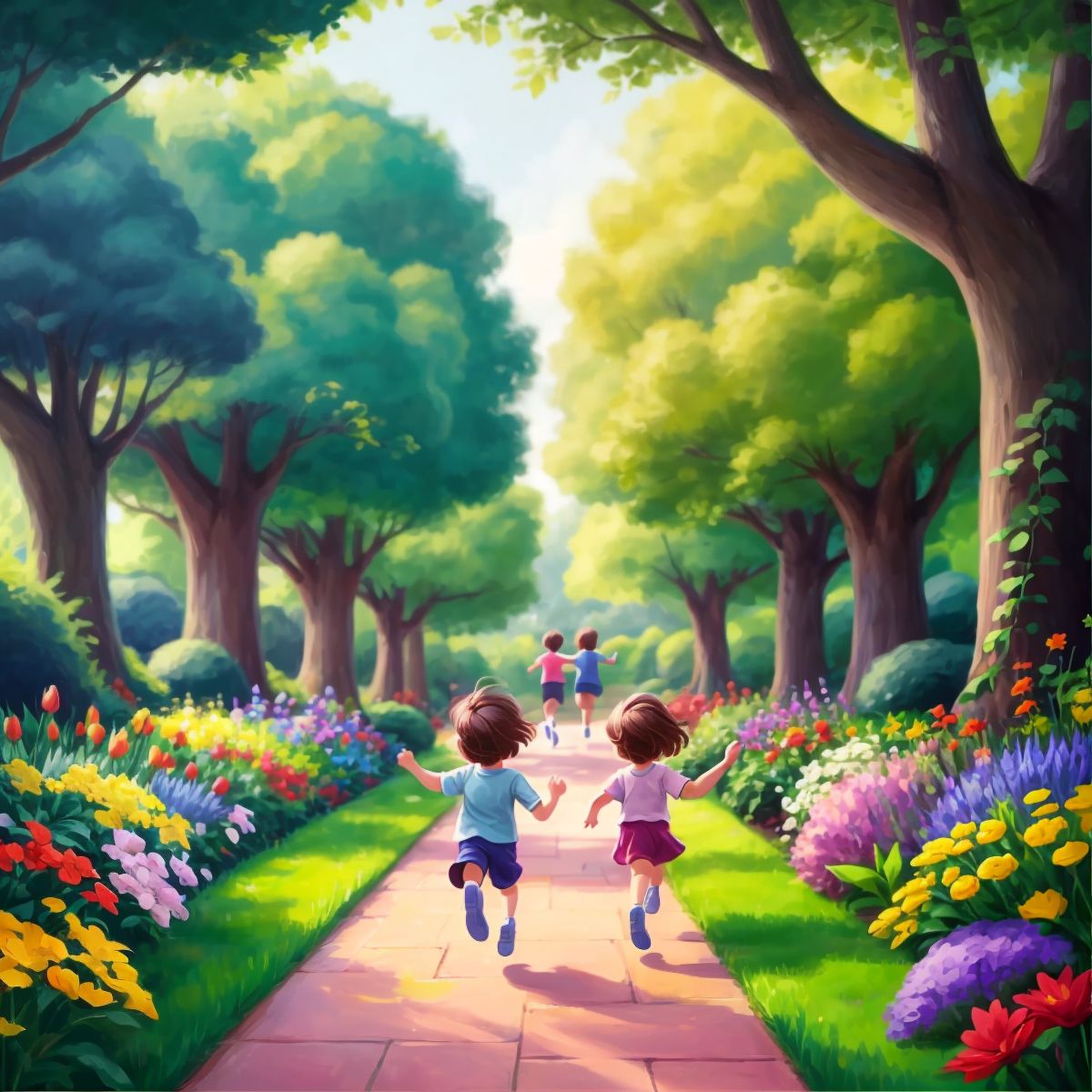 Children running towards a garden