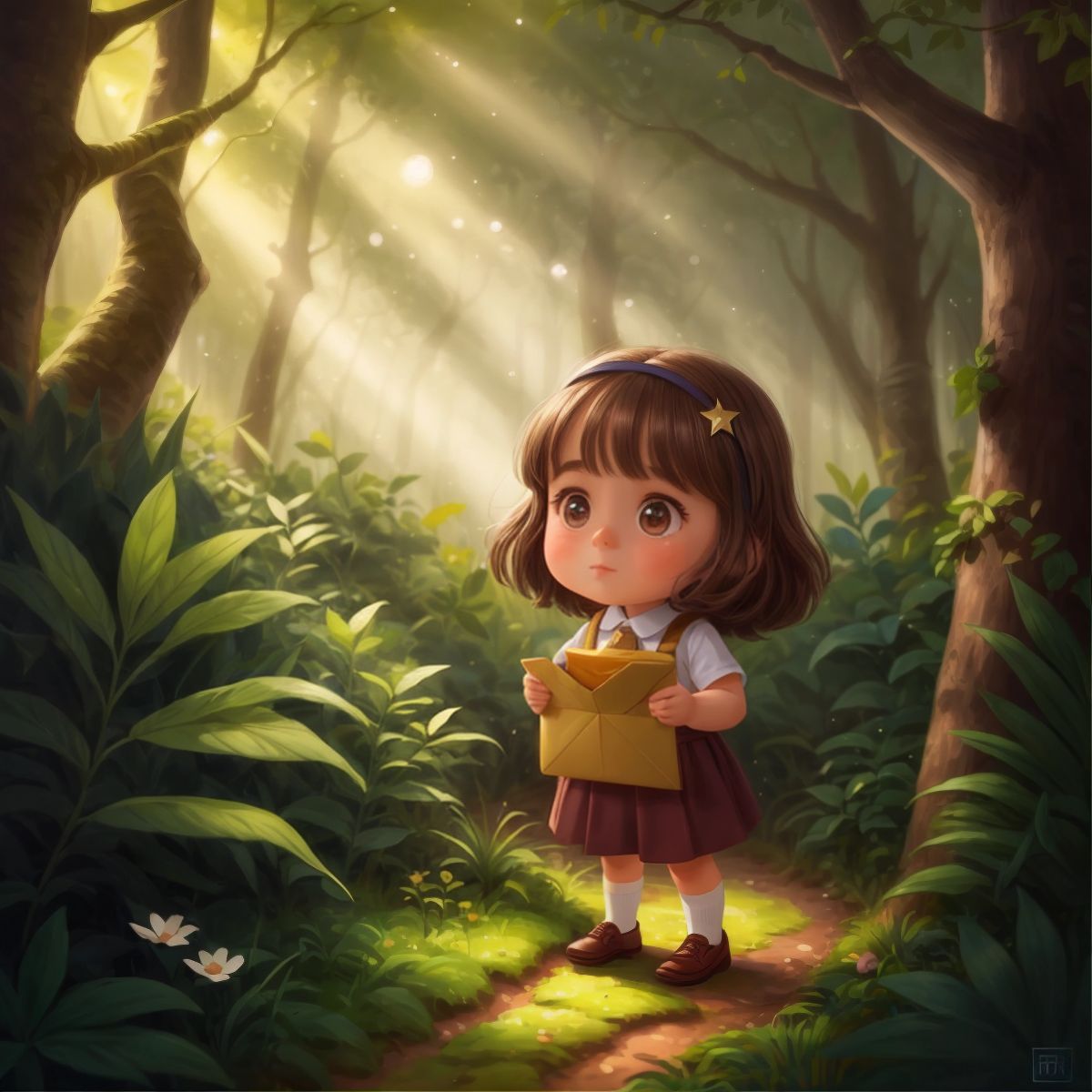 Jozie, a curious girl, finding a sparkling envelope in the forest.