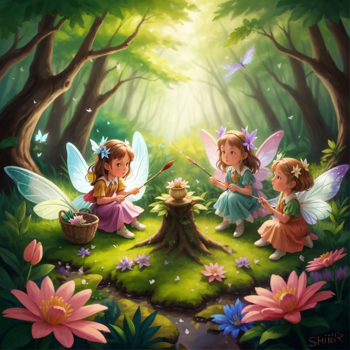 A group of fairies with shimmering wings painting flowers.