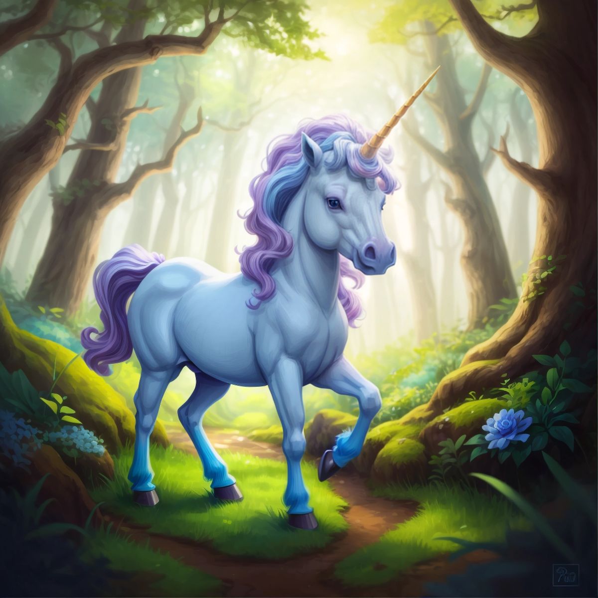 A young unicorn named Savannah exploring the magical forest