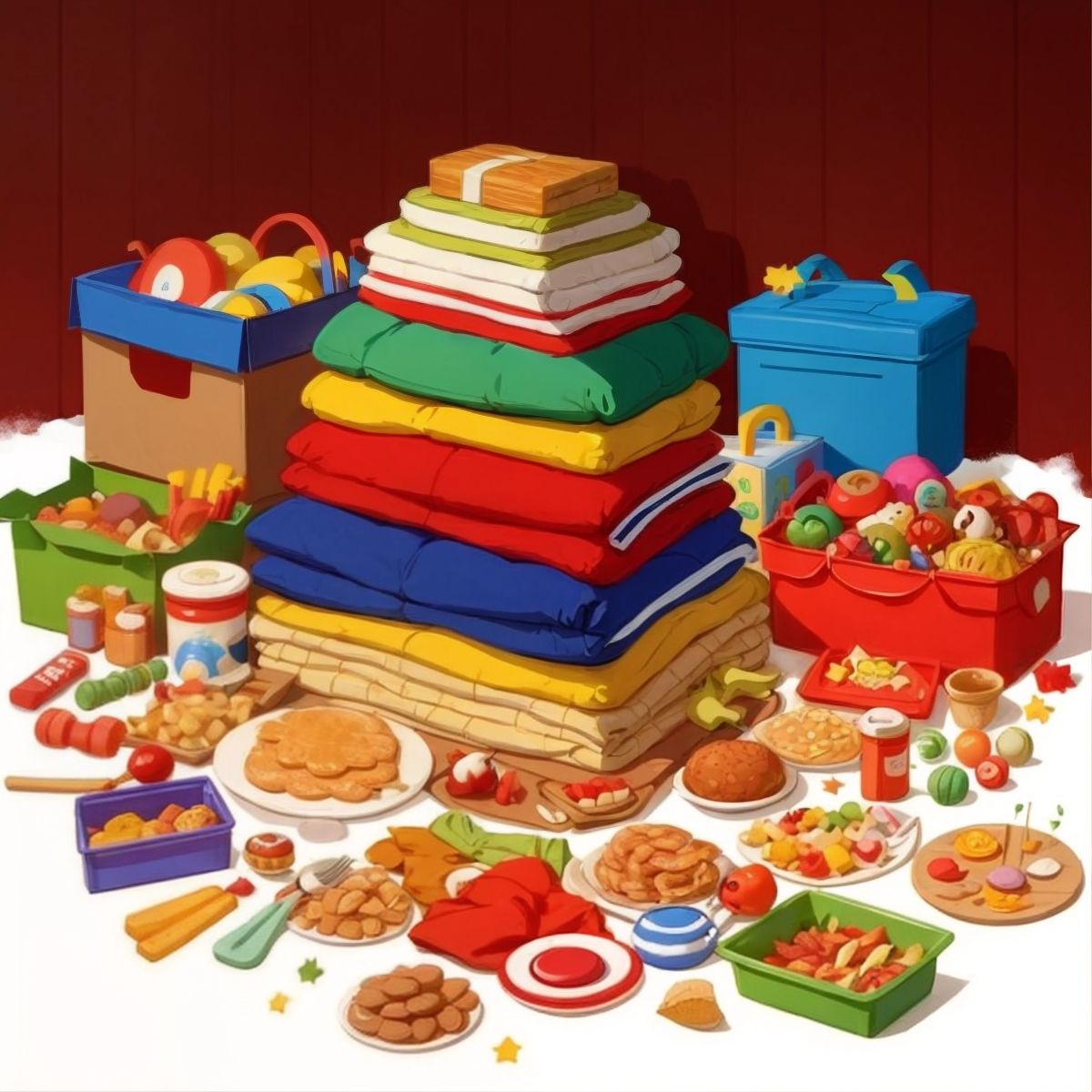 A pile of food, toys, and warm clothes