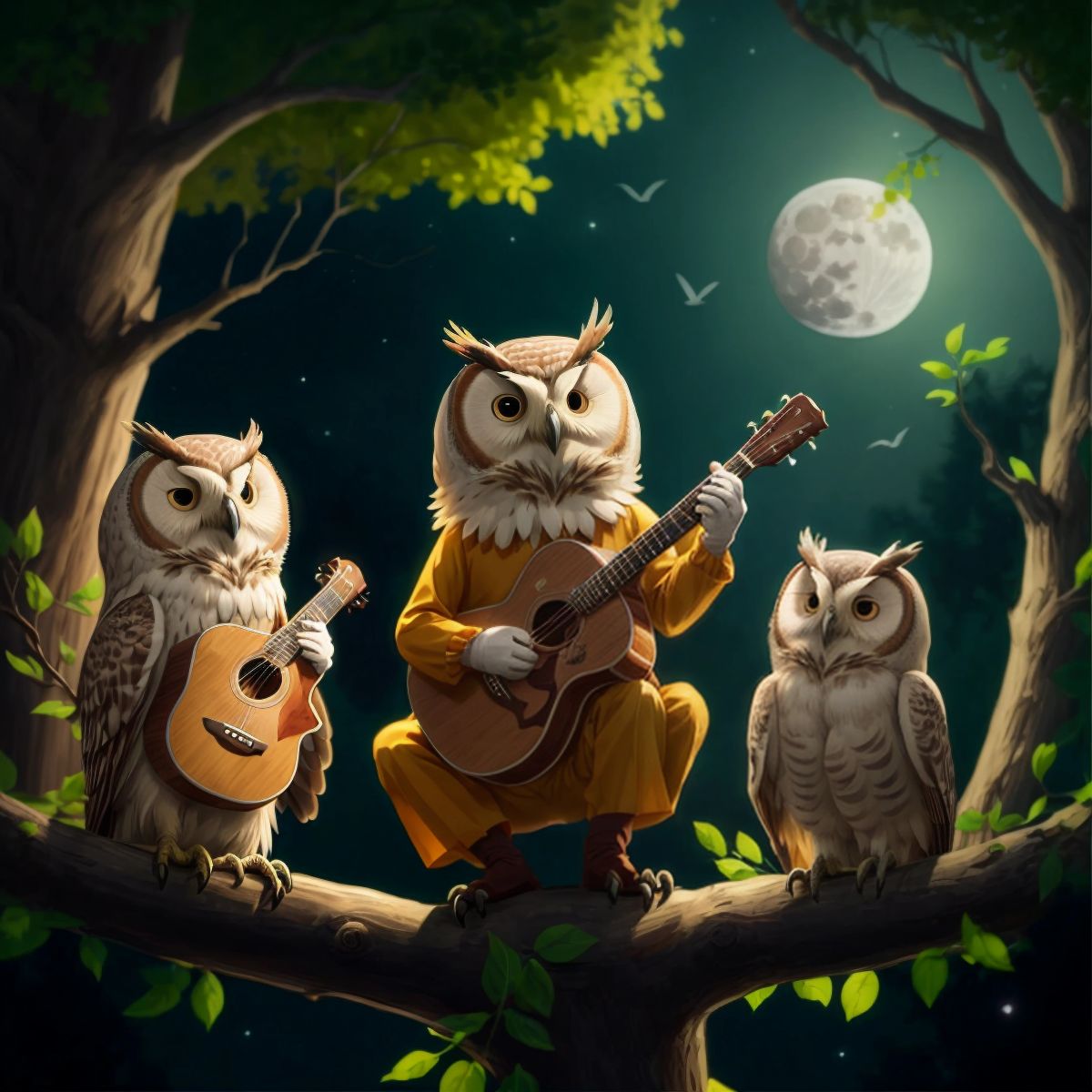 Owl family performing a concert on a full moon night