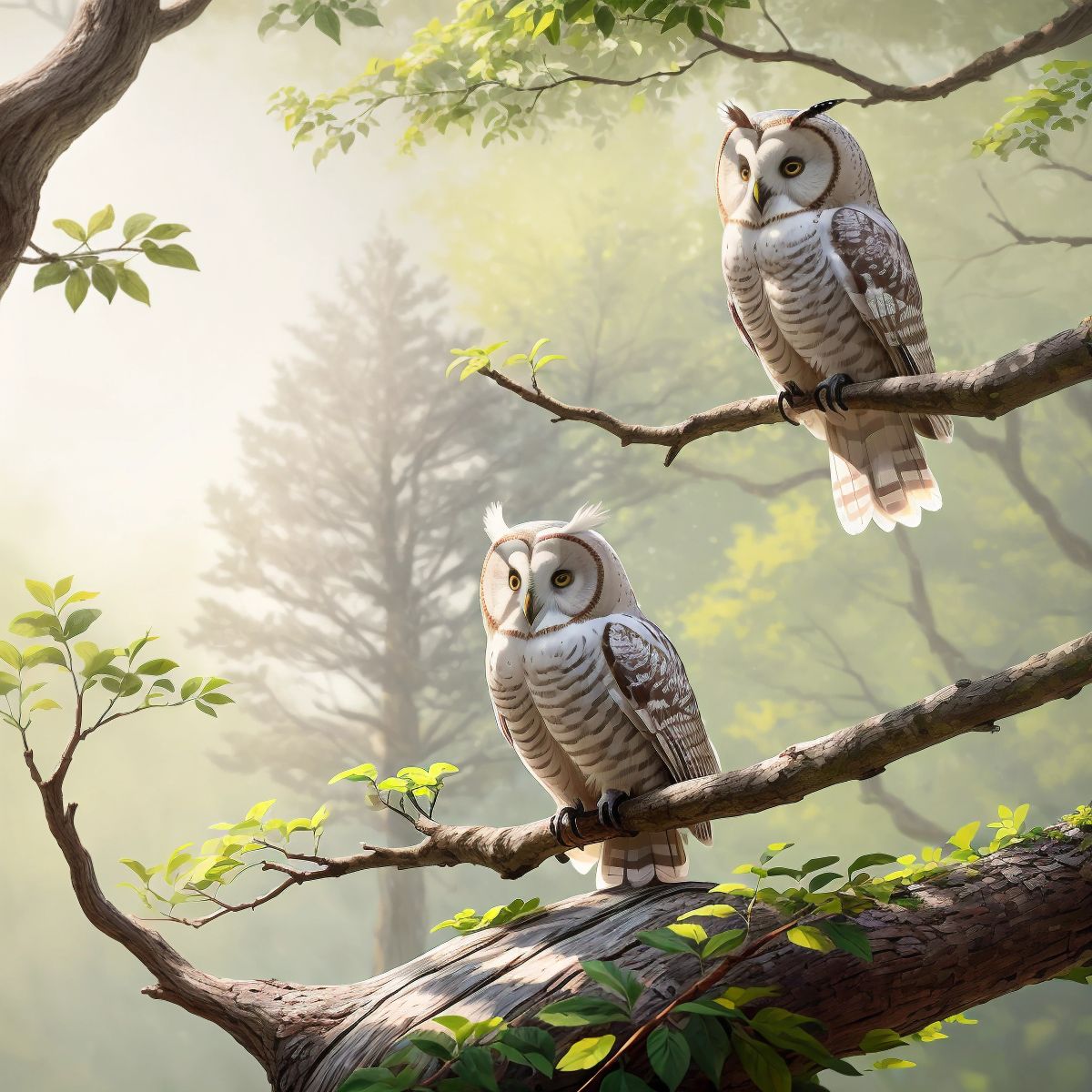 Sarah, a white and grey owl, sitting in a tree trunk