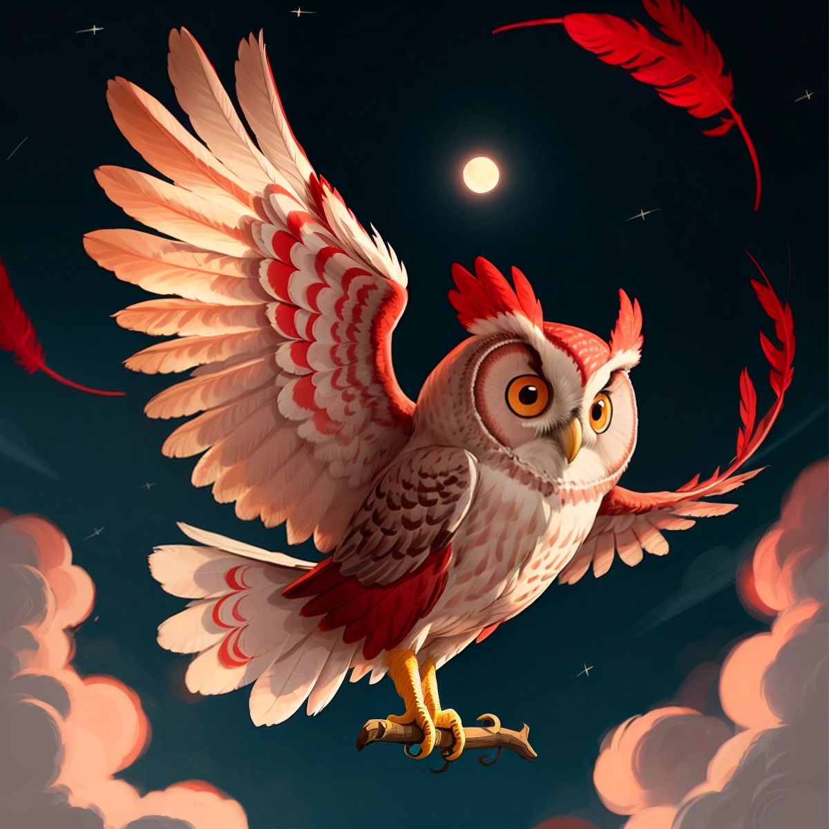 Percy, a red and white owl, flying in the night sky