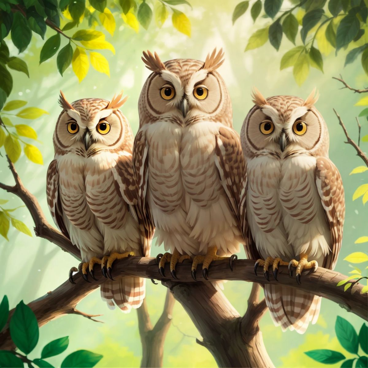 Owls perched on a branch, observing the world around them