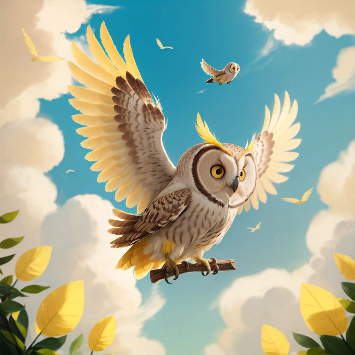 Bill, a yellow and white owl, trying to fly