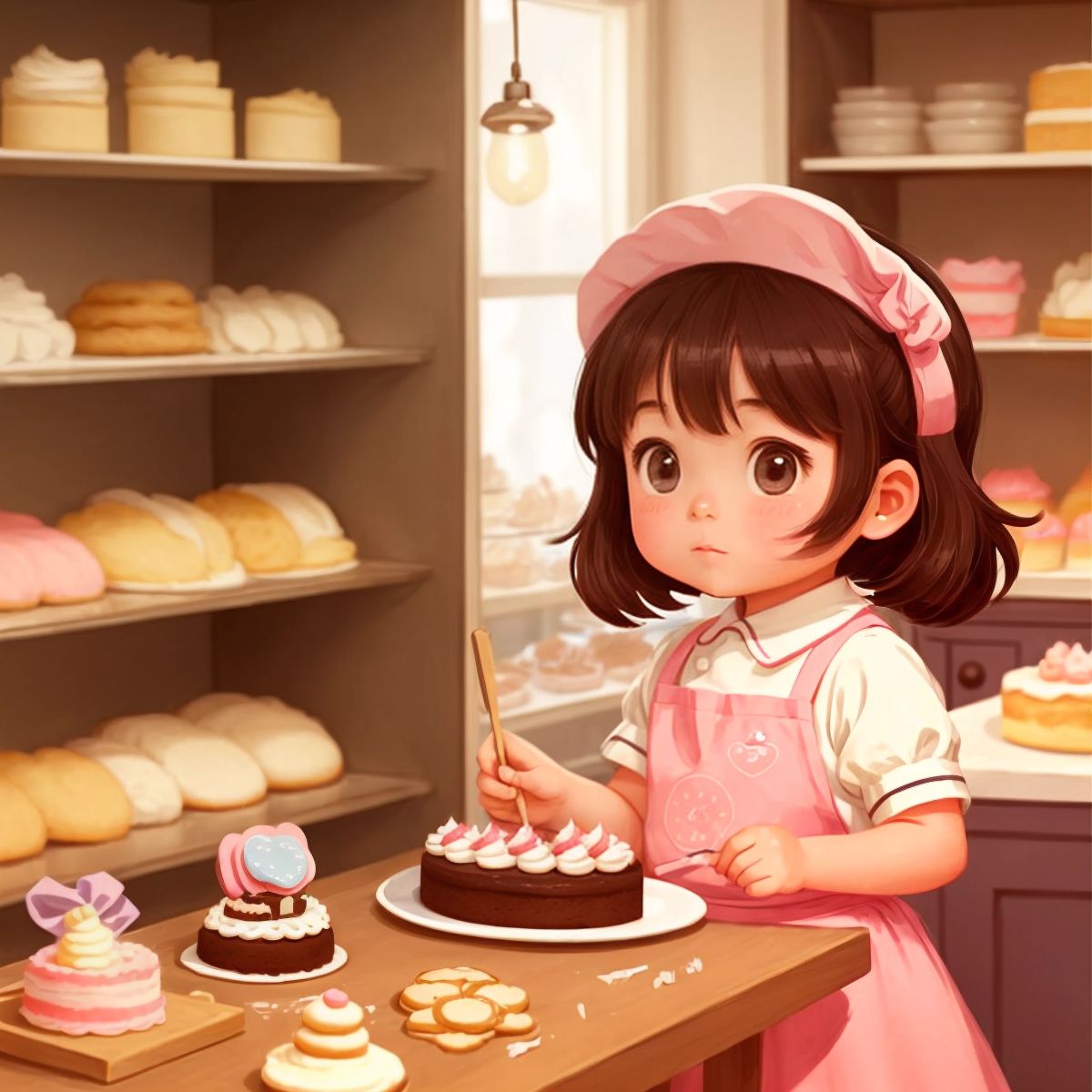 A girl named Mei baking treats in a bakery