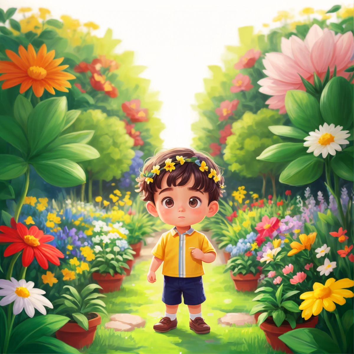 A boy named Max with flowers in his hair