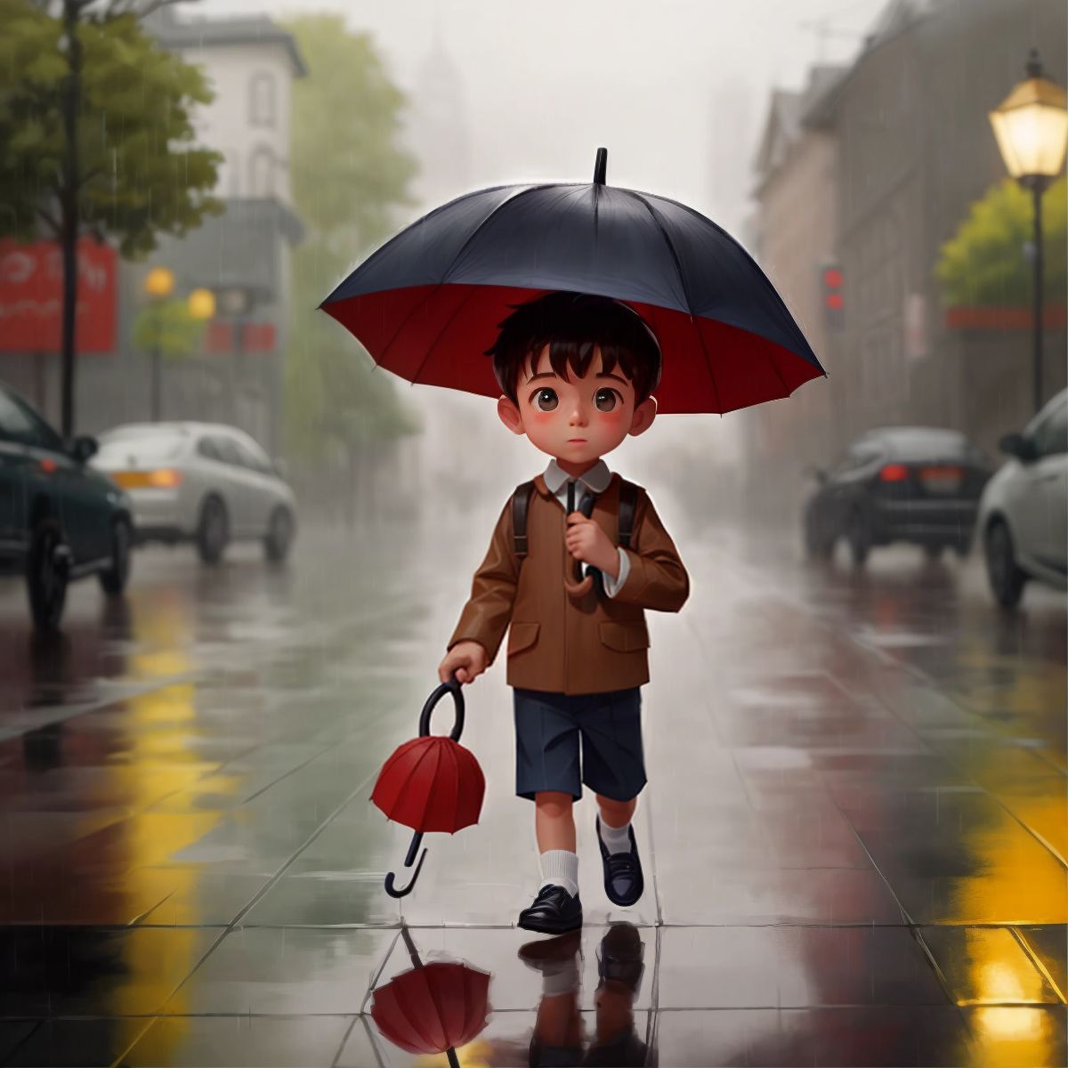 A boy named Sam holding a wide umbrella