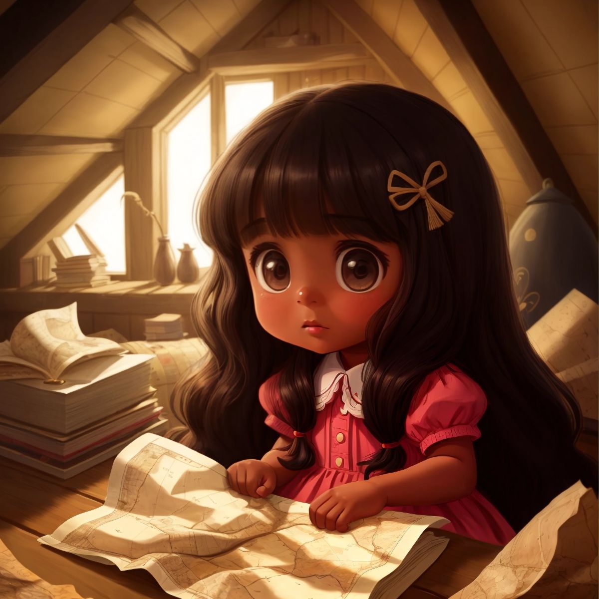 Amina looking at a dusty old map in the attic