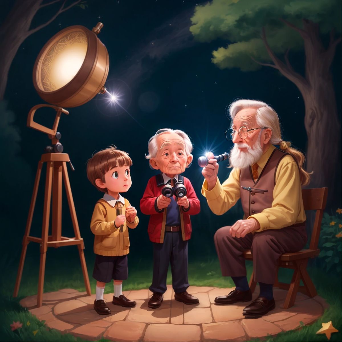 Mr. Jenkins, a wise old man, explaining the magical powers of the telescope