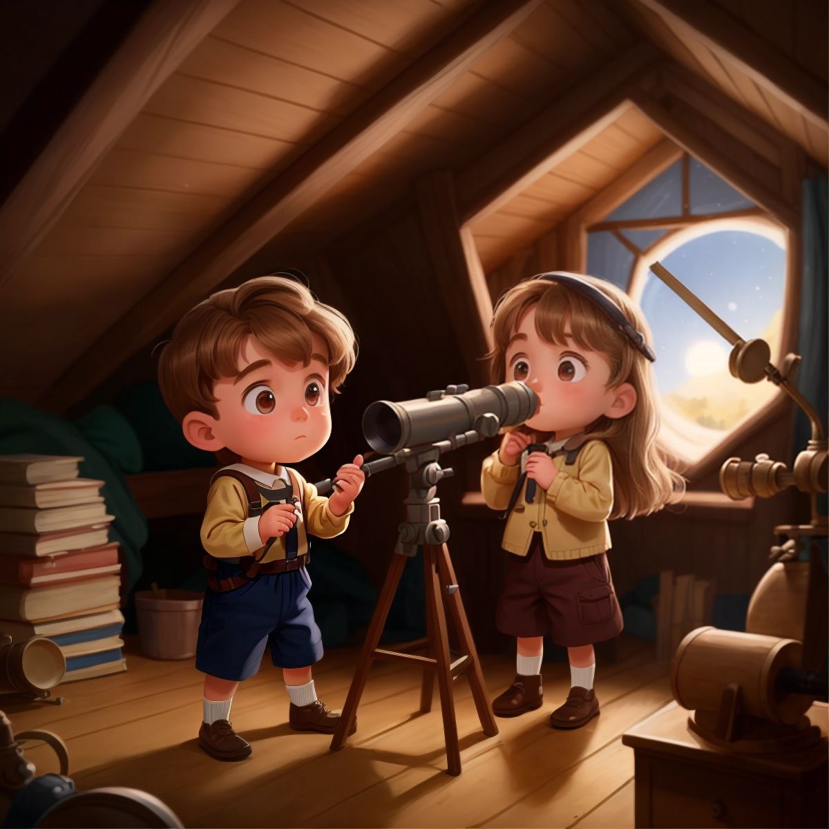 Oliver and Emily looking at a dusty old telescope in an attic