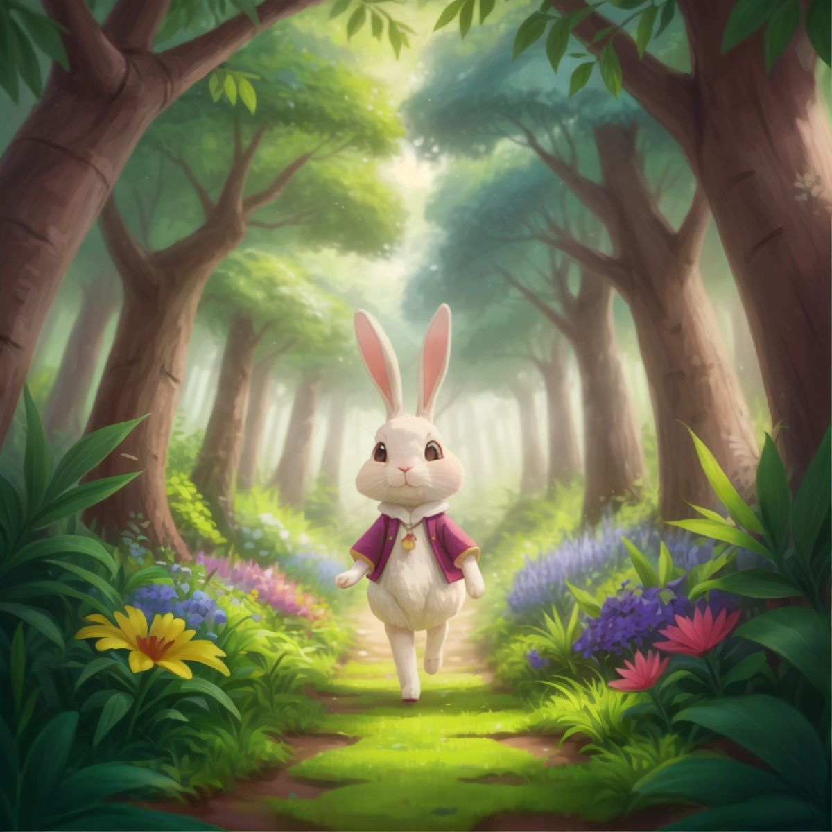 رورو walking through a forest, admiring the trees and flowers