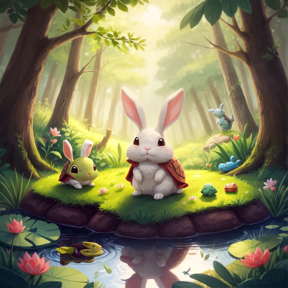 رورو helping the turtle reach a nearby pond